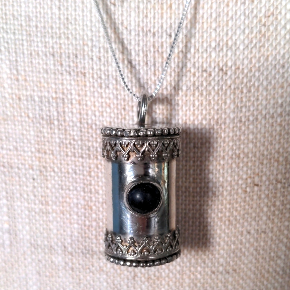 Antique Silver Pendant Necklace. Bali, Lapis bead. 20 " sterling silver chain.